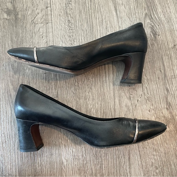 AGL Black Leather Silver Accent Pointed Toe Block Heels - Picture 3 of 11